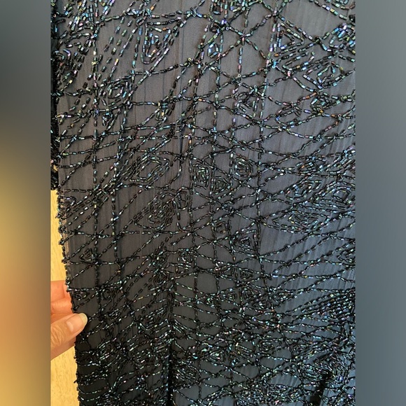 Vintage 90s Oleg Cassini Black Tie Beaded Silk Midnight Blue Cocktail Dress 6 - Picture 3 of 12